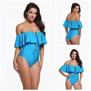 NWT Tempt Me Island Goddess Off Shoulder Blue Ruffle One Piece Swimsuit